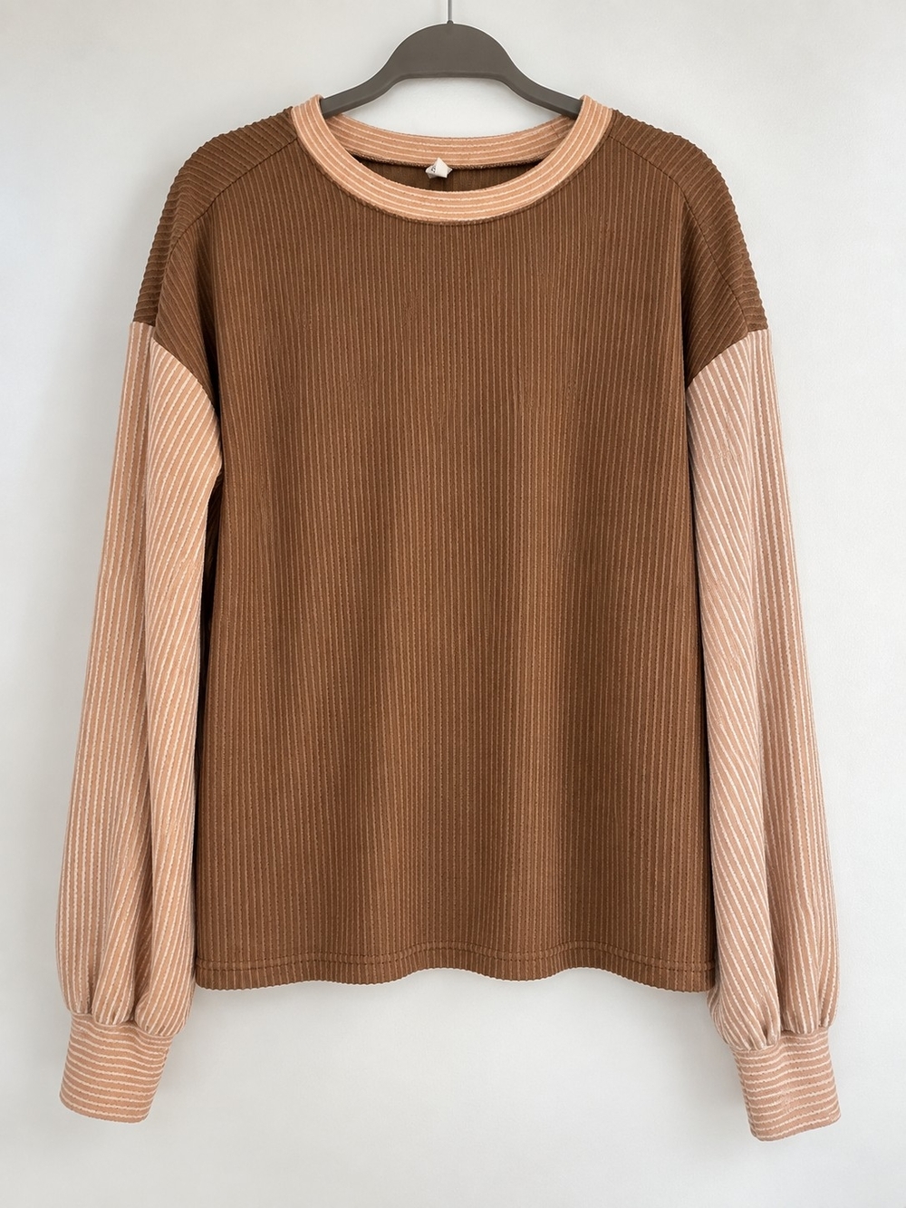 Evaless Brown & Dusty Pink Color Block Ribbed Long Sleeve Top – Size M
